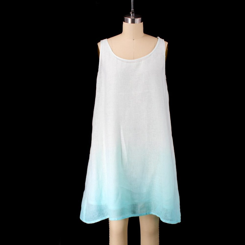 Eileen Fisher Linen Gauze Dress Aqua Blue Ombre A Line Layered Slip Included P - Picture 2 of 15